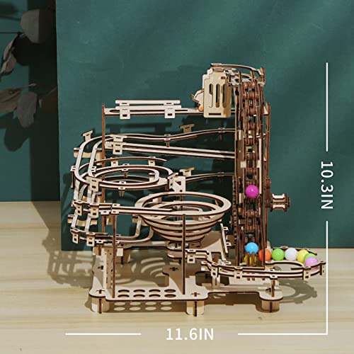 Wooden Marble Run Kit - 3D Puzzle Wood Colored Balls Run Stepped Hoist with 3-Stepped Lift Mechanism - Kinetic DIY Marble Run Wooden Puzzle ROEOLNIL