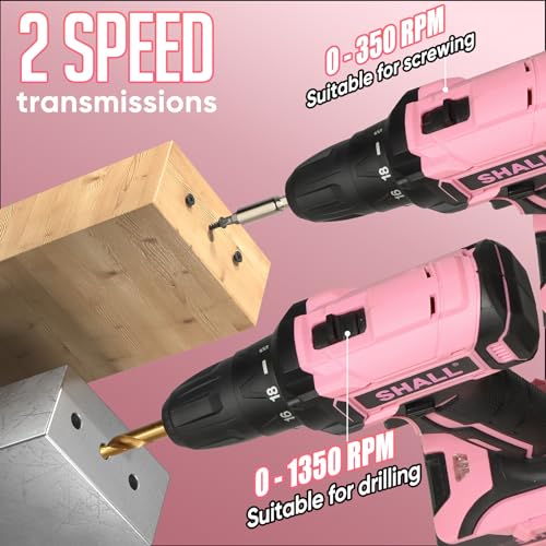 SHALL 247Pcs 20V Cordless Drill Driver & Household Tool Kit for Women, Pink Electric Power Drill Screwdriver and Home Hand Tool Set with 14” Storage