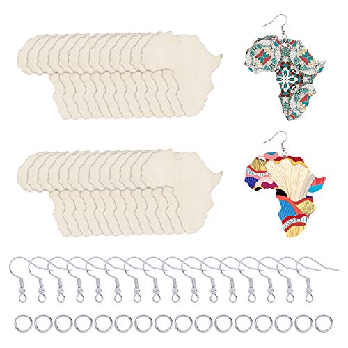 PH PandaHall 150pcs African Map Earring, Wood Earring Blanks Africa Shape Dangle Laser Cut Wooden Earring with Earring Hooks and Jump Rings for