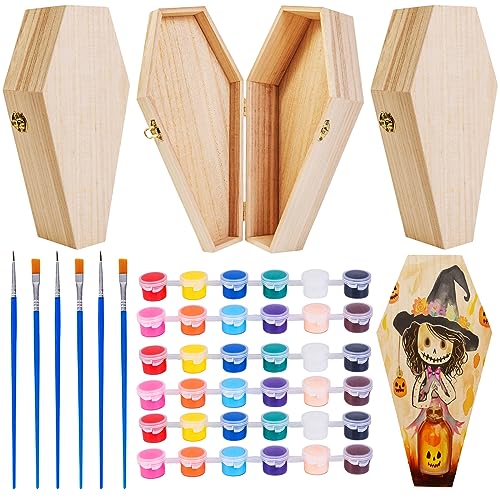 Hiboom 3 Pack Halloween Coffin Box 12 Inch with 3 Paint Set, Small Unfinished Wooden Coffin Box, Wood Serving Tray for Halloween Home Classroom Party