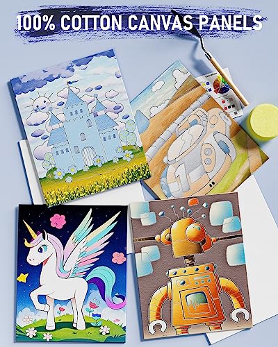 Nicpro 34PCS Kids Acrylic Paint Set with Pattern Canvas, Art Painting Supplies Kit with 12 Paints, 10 Brushes, 6 Canvas Panels, Table Easel, Paper Nicpro