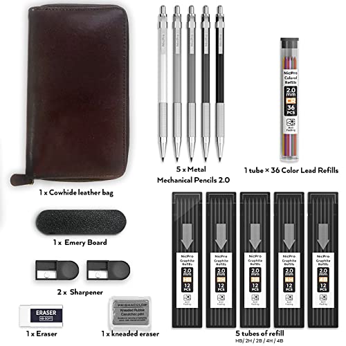 Nicpro 17PCS Metal 2mm Mechanical Pencil Set in Leather Case, 5 PCS 2.0 mm Lead Pencil Holders (4B 2B HB 2H 4H) 6 Tube Black Colored Lead Refills, Nicpro