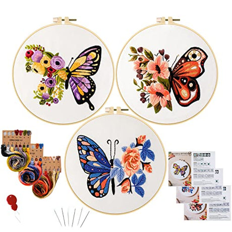 Anidaroel 3 Sets Butterfly Flower Pattern Embroidery Starter Kit for Beginners, Stamped Cross Stitch Kits for Beginners Adults Include Embroidery Anidaroel