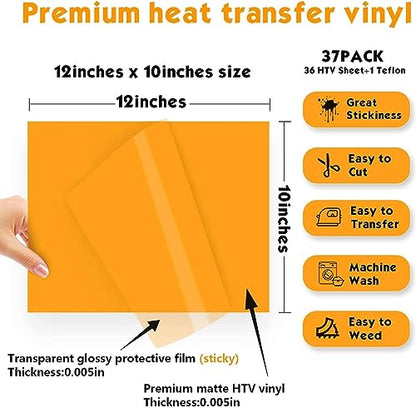 HTV Heat Transfer Vinyl Bundle 37Pack 12" x 10" Vinyl Sheets,Iron On Vinyl for Cricut & Heat Press Machine,More Than 20 Assorted Colors for DIY