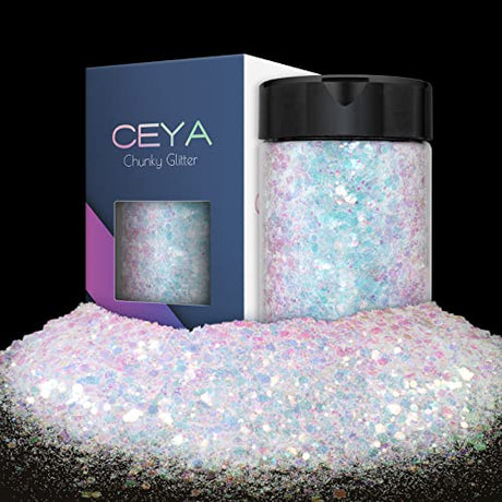 Ceya Chunky Glitter, 4.9oz/ 140g Iridescent White Craft Glitter Powder Mixed Fine Metallic Nail Sequins Flakes for Epoxy Resin, DIY Crafts Tumblers ceya