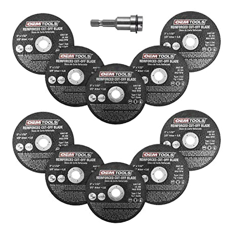OEMTOOLS 26528 10 Piece Cut Off Wheel Set with Mandrel, Cutoff Wheel Mandrel Set, Premium Metal Cutting Wheels w/ 3/8" Arbors, Die Grinder Cut Off OEMTOOLS