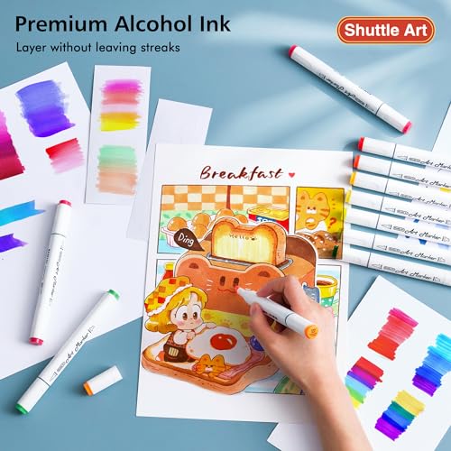 Shuttle Art Alcohol Markers Brush Tip, Dual Tip Brush & Chisel Tip Art Marker Set, 50 Colors Plus 1 Blender Permanent Marker Pens with Case Perfect