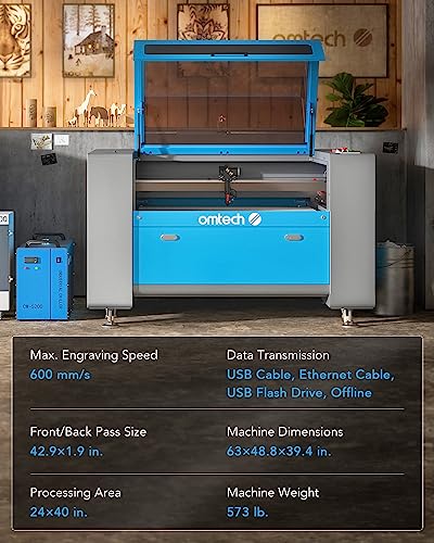 OMTech 100W CO2 Laser Engraver with LightBurn & Water Chiller, 24"x40" Laser Engraving Cutting Machine with Autofocus Autolift 2 Way Pass Air Assist,