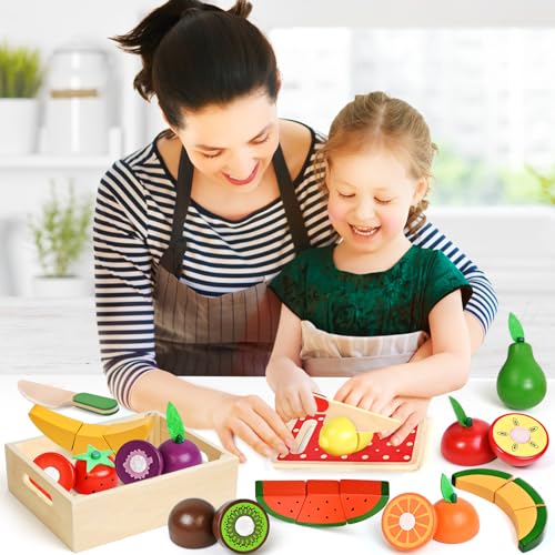 BAODLON Wooden Play Food for Kids Kitchen - Wooden Cutting Fruit Set for Toddler, Multi-Pretend Play Fake Food Kitchen Accessory with Cutting Board,