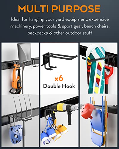 INCLY Garden Tool Organizer Wall Mount, 48 Inch Metal Garage Wall Storage Rack Heavy Duty Yard Tool Holder with 6 Adjustable Hooks and 3 Racks for - WoodArtSupply