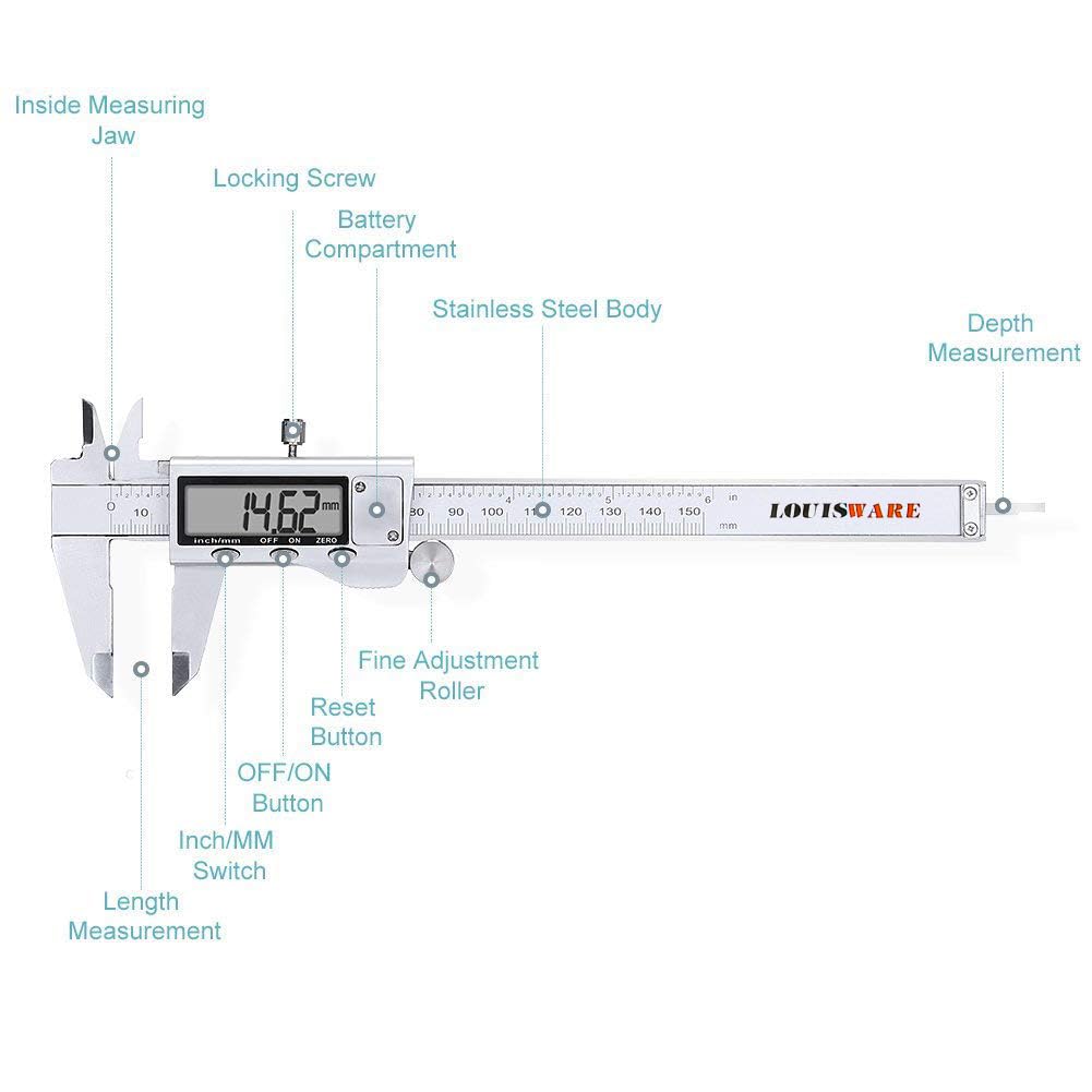 Electronic Digital Vernier Caliper, LOUISWARE Stainless Steel Caliper 150mm/0-6 inch Measuring Tools with Extra-Large LCD Screen, inch/Metric LOUISWARE