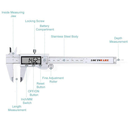 Electronic Digital Vernier Caliper, LOUISWARE Stainless Steel Caliper 150mm/0-6 inch Measuring Tools with Extra-Large LCD Screen, inch/Metric - WoodArtSupply