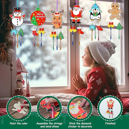 TREACLUB Christmas Wind Chime Kit for Kids, 12 Pack Merry Christmas Make Your Own Wooden Wind Chime DIY Coloring Xmas Snowman Santa Unfinished Wooden TREACLUB