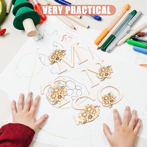 Tofficu Mini Unfinished Wood Alphabet Letters 26pcs Unfinished Mini Blank Wood Letter with Flower for Home Decor, Spelling Education, DIY Homemade Tofficu