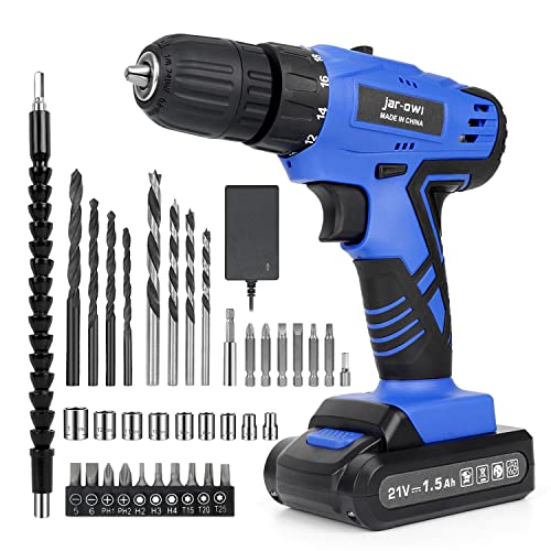 Jar-Owl 21V Cordless Drill, 350 in-lb Torque, 0-1350RMP Variable Speed, 10MM 3/8'' Keyless Chuck, 18+1 Clutch, 1.5Ah Li-Ion Battery & Charger for jar-owl
