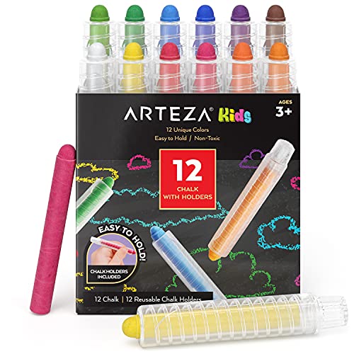 Arteza Kids Colored Chalkboard Chalk, Set of 12, Washable Dustless Chalk with Holders, Art Supplies for Spring and Summer Activities, Playtime, and Arteza Kids