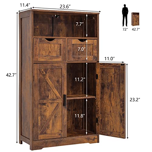 WEENFON Floor Storage Cabinet with 2 Adjustable Drawers & 2 Barn Doors, Standing Cupboard with 2 Shelf, for Living Room, Home Office, Kitchen, Rustic - WoodArtSupply