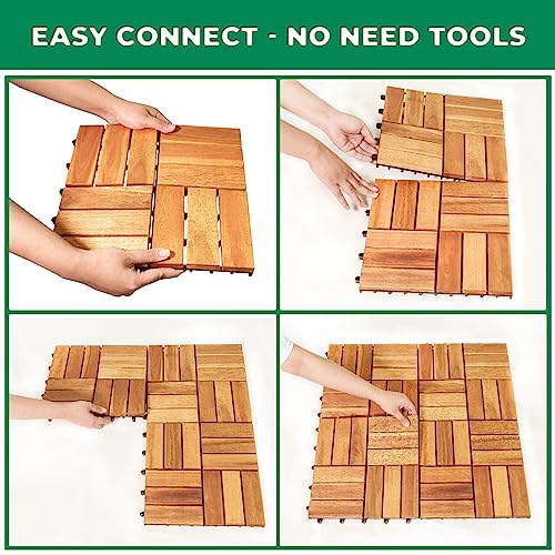 Solid Wood Interlocking Flooring Tiles (Pack of 10, 12" x 12"), Acacia Deck Tiles, Floor Tiles for Both Indoor and Outdoor Use, Waterproof All