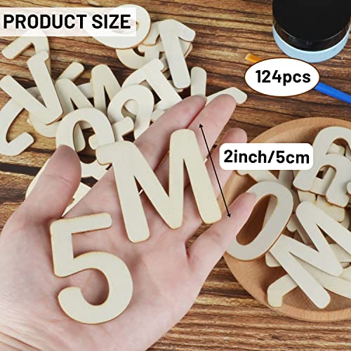 124 Pcs Wooden Letters 2 Inch for Crafts Unfinished Capital Wooden Alphabet Letters and Numbers Focal20 Small Wood Letters for DIY Painting Arts Home