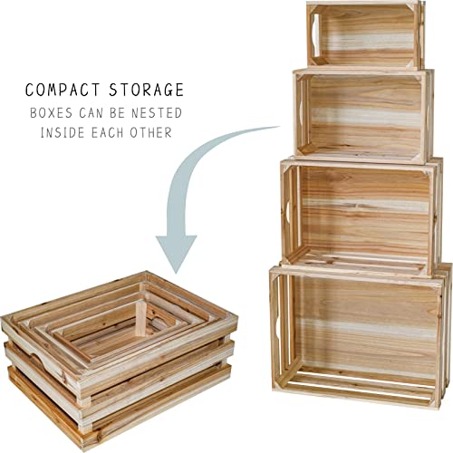 JUMBO HUMBLE Large Wooden Crates Unfinished Set of 4 Storage Crates, Decorative Wood Storage Crates for Display Rustic, Nesting Wood Container Boxes JUMBO HUMBLE