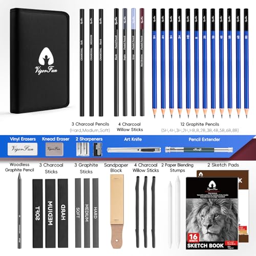 Art Supplies, Sketching & Drawing Pencils Art Kit with 2 Sketch Pads, Professional Artists Drawing Supplies Set Includes Graphite, Charcoals, Kneaded VigorFun