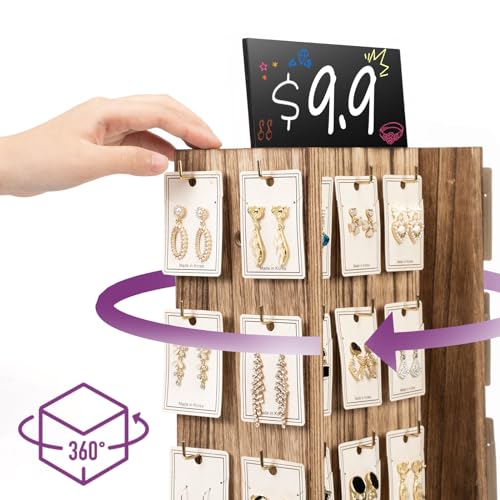 Pinzoveco Rotating Earring Display Stands for Selling with Adversitsing Board, Real Wood Jewelry Display Stand for Vendors, Large Capacity Earring Pinzoveco