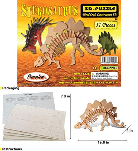 Puzzled 3D Puzzle Stegosaurus Dinosaur Wood Craft Construction Model Kit Fun & Educational DIY Wooden Dino Toy Assemble Model Unfinished Craft Hobby