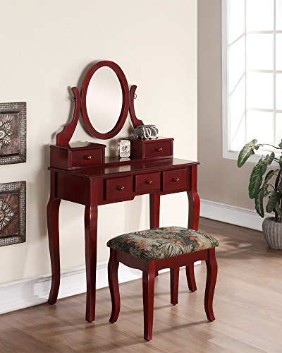 Roundhill Furniture Ashley Wood Make-Up Vanity Table and Stool Set, Cherry