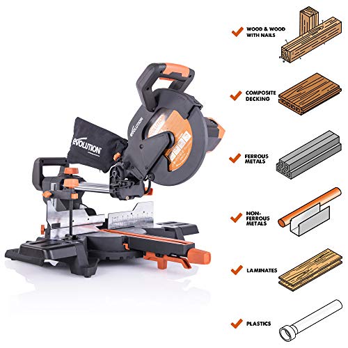 Evolution Power Tools R255SMS+ PLUS 10-Inch Sliding Miter Saw Plus Multi-Material Multi-Purpose Cutting Cuts Metal, Plastic, Wood & More 0˚ - 45˚