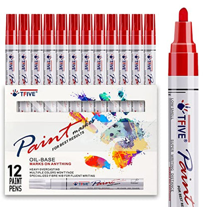 TFIVE Red Paint Pens Markers - 12 Pack Oil Based Permanent Marker, Medium Tip, Never Fade, Quick Dry, Waterproof Paint Pen for Rocks Painting, Wood,