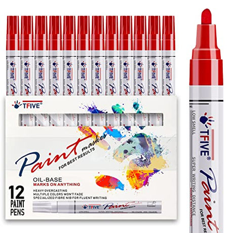 TFIVE Red Paint Pens Markers - 12 Pack Oil Based Permanent Marker, Medium Tip, Never Fade, Quick Dry, Waterproof Paint Pen for Rocks Painting, Wood, TFIVE