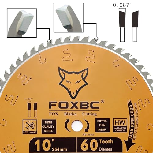 FOXBC 10-Inch Miter/Table Saw Blades, ATB, 60-Tooth, Thin Kerf Fine Finish Crosscut Blade with 5/8-Inch Arbor - WoodArtSupply