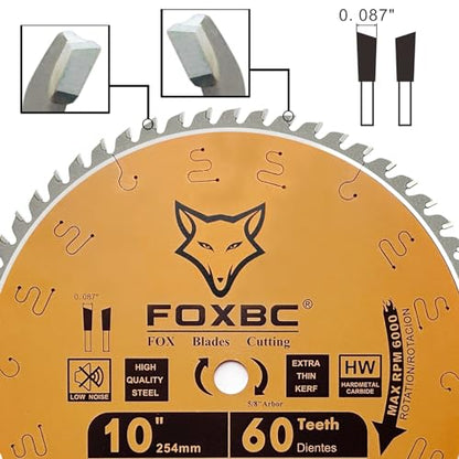 FOXBC 10-Inch Miter/Table Saw Blades, ATB, 60-Tooth, Thin Kerf Fine Finish Crosscut Blade with 5/8-Inch Arbor - WoodArtSupply