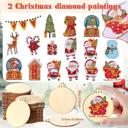 Zhanmai 40 Pcs Christmas DIY Craft for Kid Unfinished Wooden Christmas Ornaments Wood Slices with Gem Diamond Painting Sets 5d Round Wooden Xmas - WoodArtSupply