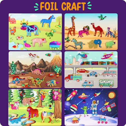 Alritz Foil Crafts Fun Kit, No Mess Foil Art Kit Toys for Kids Animals Space Cars, Foil Stickers, Art Craft Supplies, DIY Christmas Gift for Girls