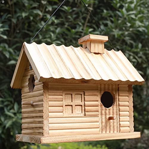 Bird Houses Outside,Outdoor Bird House, Natural Wooden Bird Hut Clearance 2 Hole Bluebird Finch Cardinals Hanging Birdhouse for Garden Viewing - WoodArtSupply