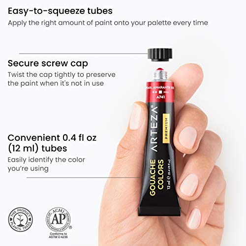 ARTEZA Metallic Gouache Paint Set, Set of 36 Pearl Paint Colors in 12ml/0.4 US fl oz Tubes, Pearlescent Paint for Canvas and Paper, Gouache Artist ARTEZA
