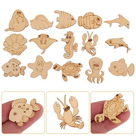 Abaodam 100pcs Sea Animals Wood Slices Octopus Turtle Seahorse Shark Wooden DIY Craft Cutout Unfinished Ocean Animals Wood Ornaments Gift Pieces Tags Abaodam