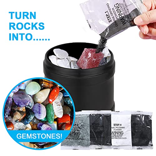 Rock Tumbler Kit, Professional Tumbling Stone Polisher with Button 7 Day Polishing Timer, Rock Polisher with Rough Gemstones, 4 Polishing Grits, Carseatty