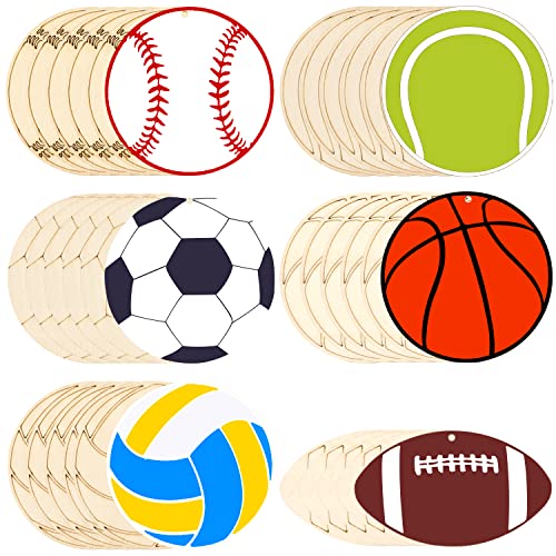 yueton 36PCS Sports Theme Wooden Hanging Ornaments Volleyball Basketball Baseball Tennis Soccer Football Shaped Unfinished Blank Wood Pieces Wood