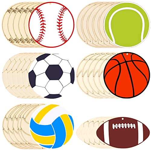 yueton 36PCS Sports Theme Wooden Hanging Ornaments Volleyball Basketball Baseball Tennis Soccer Football Shaped Unfinished Blank Wood Pieces Wood - WoodArtSupply