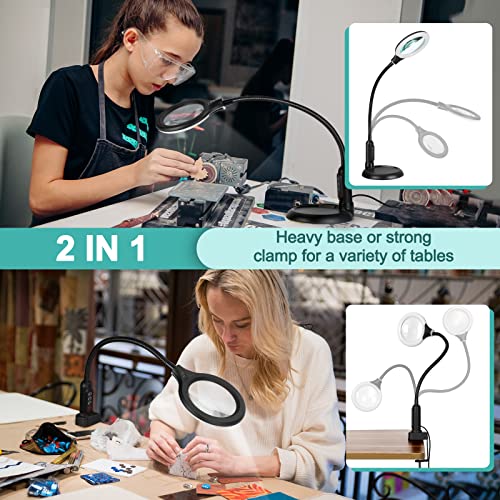 TOMSOO 5X Magnifying Glass with Light and Clamp, 5 Color Modes Stepless Dimmable Lighted Magnifier with Stand, Flexible Gooseneck LED Desk Lamp Hands TOMSOO