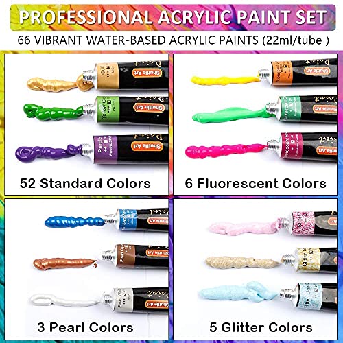 Shuttle Art Acrylic Painting Bundle, Set for 66 Colors Acrylic Paint in Tubes (22ml/0.74oz) + 36 Multi Pack Painting Canvas Panels Shuttle Art