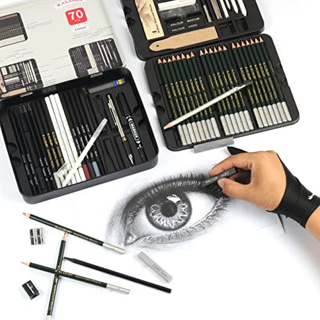 KALOUR 72-Pack Sketch Drawing Pencils Kit with Sketchbook and 3-color Drawing Paper,Tin Box,Include Graphite,Charcoal,Drawing Glove and Artists KALOUR
