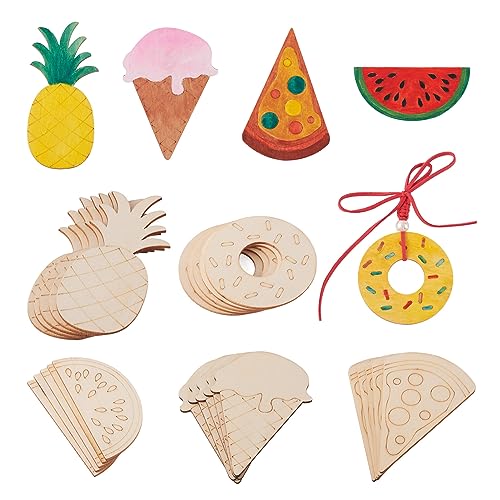 Pandahall 25Pcs Unfinished Summer Theme Wood Slices Watermelon Ice Cream Pineapple Pizza Doughnut Wooden Cutouts Cabochons for Painting DIY Vocation PH PandaHall