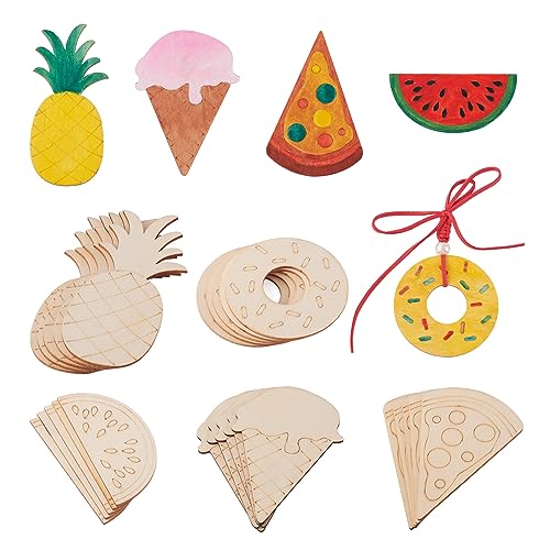 Pandahall 25Pcs Unfinished Summer Theme Wood Slices Watermelon Ice Cream Pineapple Pizza Doughnut Wooden Cutouts Cabochons for Painting DIY Vocation