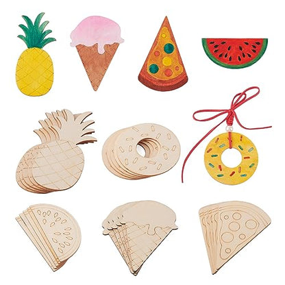 Pandahall 25Pcs Unfinished Summer Theme Wood Slices Watermelon Ice Cream Pineapple Pizza Doughnut Wooden Cutouts Cabochons for Painting DIY Vocation