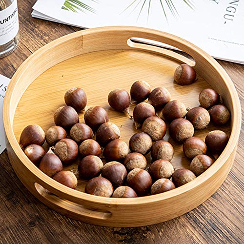 11.8 inch Bamboo Round Serving Tray, Wood Tray with Handles, Natural Wooden Tray for Ottoman, Kitchen/Coffee Table