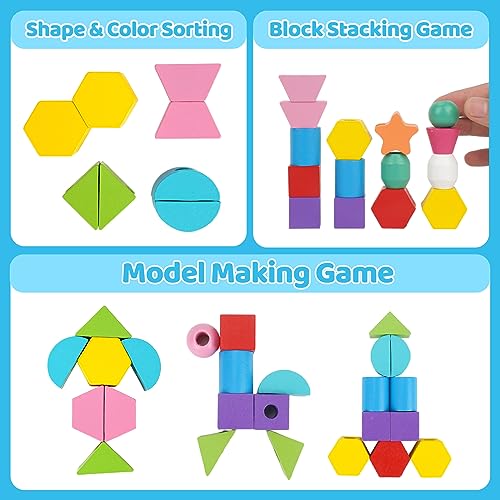 Montessori Toys for 2 3 4 Year Old Kid Boy Girl Toddler, Montessori Wooden Beads Sequencing Toy Set, Lacing Beads & Stacking Block & Matching Shape