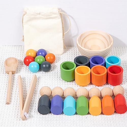 Montessori Balls in Cups Wooden Peg Dolls in Cups, Toddler Color Sorting Toys and Matching Game, Preschool Learning Activities Educational Fine Motor